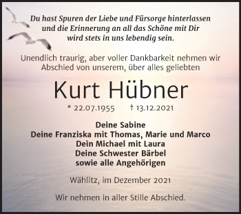 Traueranzeige von Kurt Hübner von Trauerkombi Weißenfels
