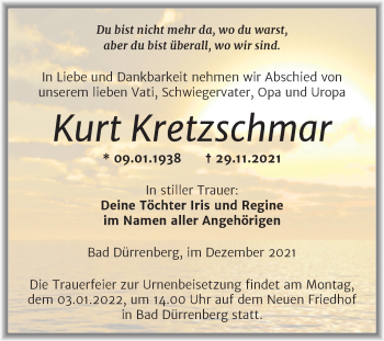 Traueranzeige von Kurt Kretzschmar von Trauerkombi Merseburg
