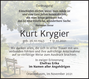 Traueranzeige von Kurt Krygier von Trauerkombi Wittenberg