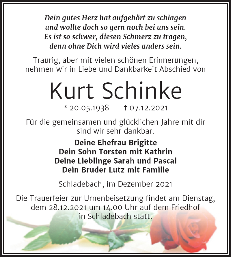  Traueranzeige für Kurt Schinke vom 18.12.2021 aus Trauerkombi Merseburg