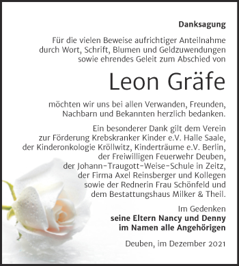 Traueranzeige von Leon Gräfe von Trauerkombi Weißenfels
