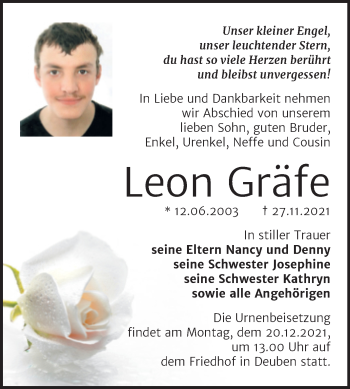 Traueranzeige von Leon Gräfe von Trauerkombi Zeitz