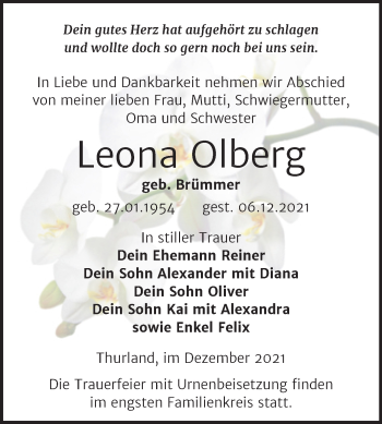 Traueranzeige von Leona Olberg von Trauerkombi Bitterfeld