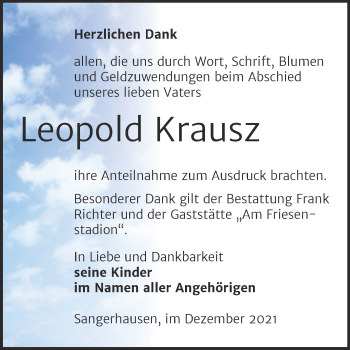 Traueranzeige von Leopold Krausz von Trauerkombi Sangerhausen