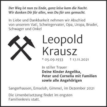 Traueranzeige von Leopold Krausz von Trauerkombi Sangerhausen