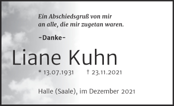 Traueranzeige von Liane Kuhn von Mitteldeutsche Zeitung Halle/Saalkreis
