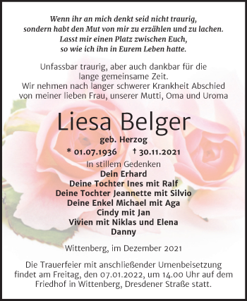 Traueranzeige von Liesa Belger von Trauerkombi Wittenberg