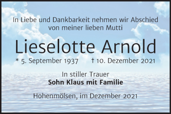 Traueranzeige von Lieselotte Arnold von Trauerkombi Weißenfels