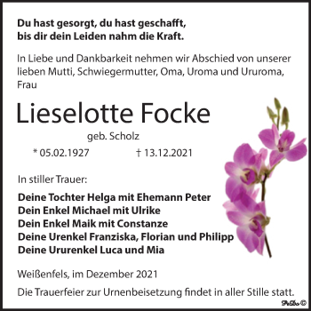 Traueranzeige von Lieselotte Focke von Trauerkombi Weißenfels