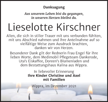 Traueranzeige von Lieselotte Kirschner von Mitteldeutsche Zeitung Mansfelder Land