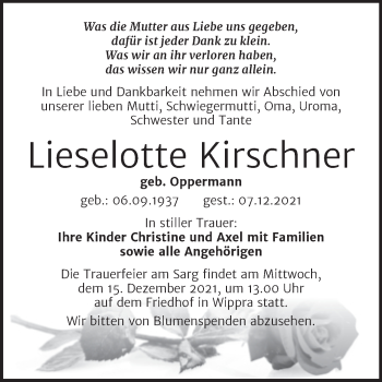 Traueranzeige von Lieselotte Kirschner von Mitteldeutsche Zeitung Mansfelder Land