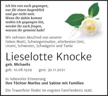 Traueranzeige von Lieselotte Knocke von Trauerkombi Mansfelder Land
