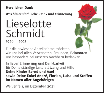 Traueranzeige von Lieselotte Schmidt von Trauerkombi Weißenfels