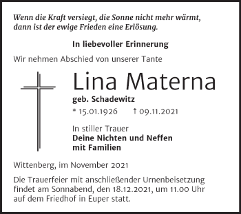 Traueranzeige von Lina Materna von Trauerkombi Wittenberg