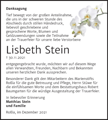 Traueranzeige von Lisbeth Stein von Trauerkombi Sangerhausen