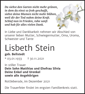 Traueranzeige von Lisbeth Stein von Trauerkombi Sangerhausen