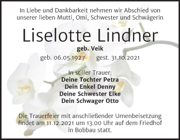 Traueranzeige von Liselotte Lindner von Trauerkombi Bitterfeld