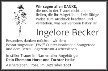 Traueranzeige von lngelore Becker von Trauerkombi Aschersleben