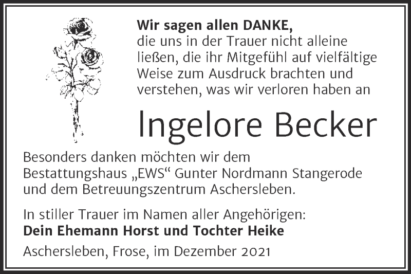  Traueranzeige für lngelore Becker vom 15.12.2021 aus Trauerkombi Aschersleben