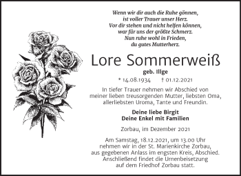Traueranzeige von Lore Sommerweiß von Trauerkombi Weißenfels