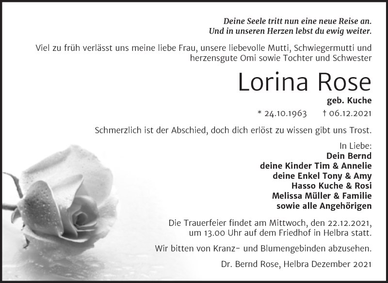  Traueranzeige für Lorina Rose vom 11.12.2021 aus Trauerkombi Mansfelder Land