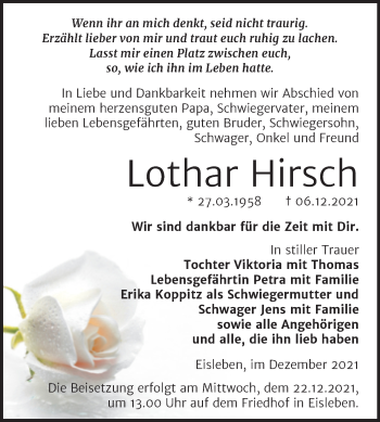 Traueranzeige von Lothar Hirsch von Trauerkombi Mansfelder Land