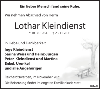 Traueranzeige von Lothar Kleindienst von Trauerkombi Weißenfels