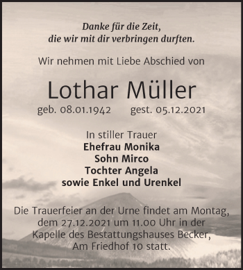 Traueranzeige von Lothar Müller von Trauerkombi Sangerhausen