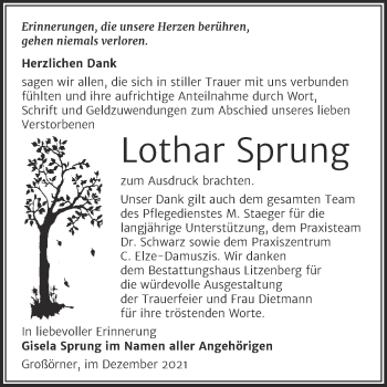 Traueranzeige von Lothar Sprung von Trauerkombi Mansfelder Land