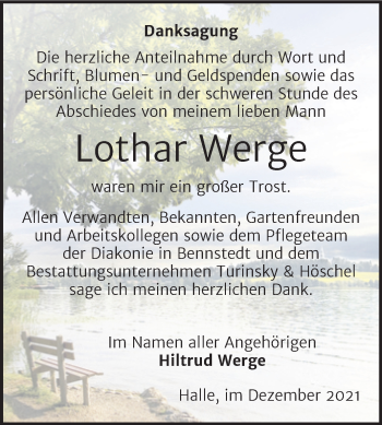Traueranzeige von Lothar Werge von Mitteldeutsche Zeitung Halle/Saalkreis