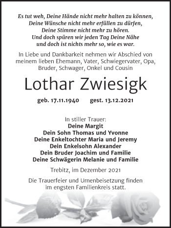 Traueranzeige von Lothar Zwiesigk von Trauerkombi Wittenberg