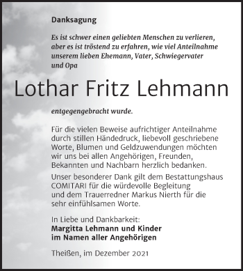 Traueranzeige von Lothar Fritz Lehmann von Trauerkombi Zeitz