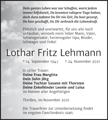 Traueranzeige von Lothar Fritz Lehmann von Trauerkombi Zeitz