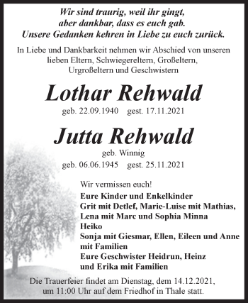 Traueranzeige von Lothar und Jutta Rehwald von Trauerkombi Quedlinburg
