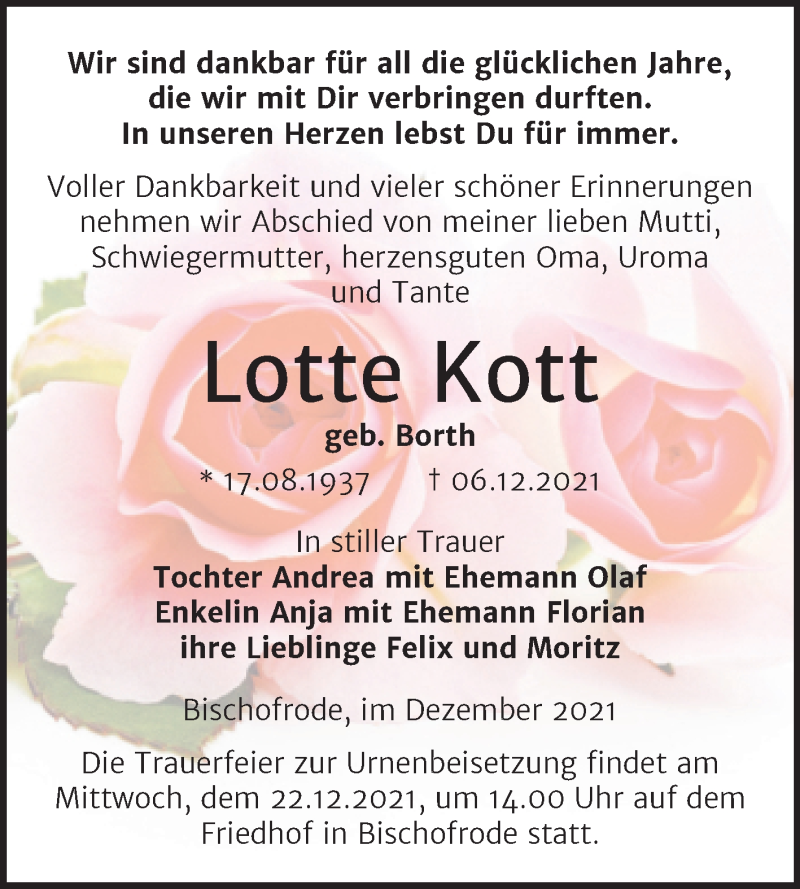  Traueranzeige für Lotte Kott vom 18.12.2021 aus Trauerkombi Mansfelder Land