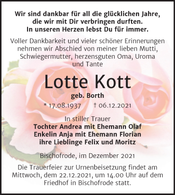 Traueranzeige von Lotte Kott von Trauerkombi Mansfelder Land