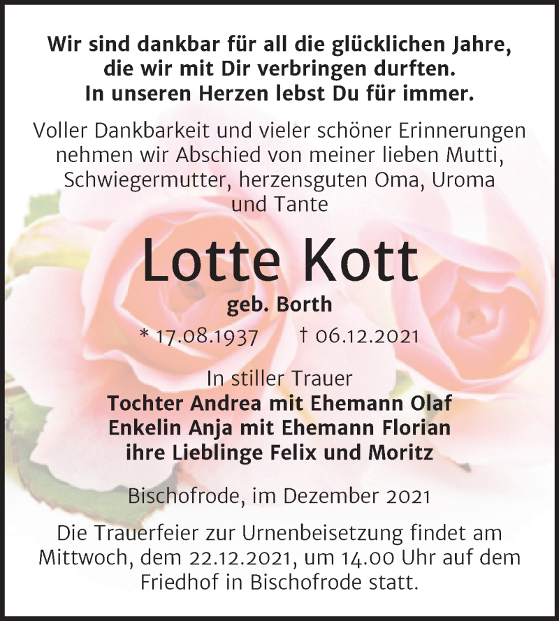  Traueranzeige für Lotte Kott vom 14.12.2021 aus Trauerkombi Mansfelder Land