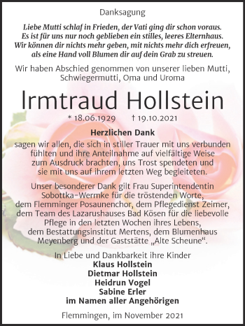 Traueranzeige von lrmtraud Hollstein von Wochenspiegel Naumburg/Nebra