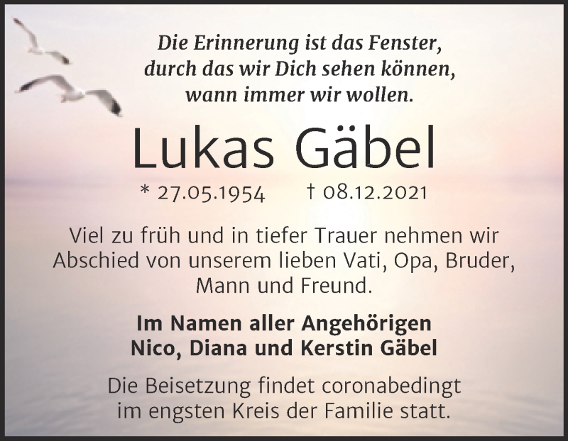  Traueranzeige für Lukas Gäbel vom 18.12.2021 aus Mitteldeutsche Zeitung Halle/Saalkreis