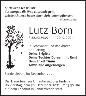 Traueranzeige von Lutz Born von Mitteldeutsche Zeitung Mansfelder Land