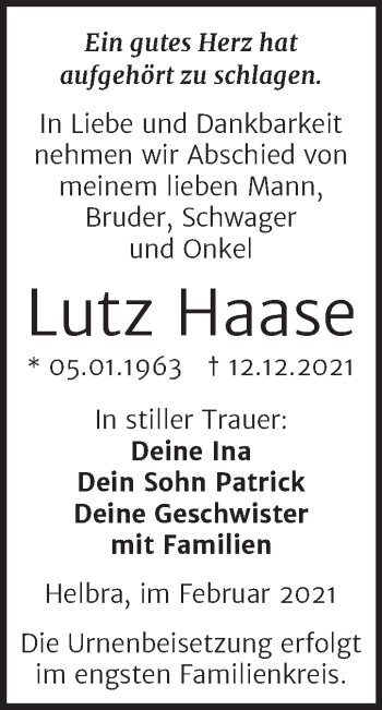 Traueranzeige von Lutz Haase von Trauerkombi Mansfelder Land