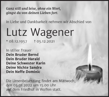 Traueranzeige von Lutz Wagener von Trauerkombi Bitterfeld