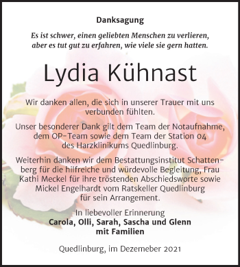 Traueranzeige von Lydia Kühnast von Trauerkombi Quedlinburg