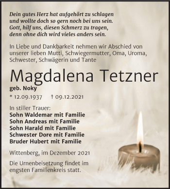 Traueranzeige von Magdalena Tetzner von Trauerkombi Wittenberg