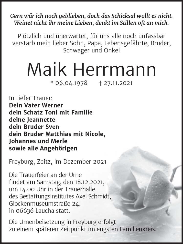  Traueranzeige für Maik Herrmann vom 08.12.2021 aus Wochenspiegel Naumburg/Nebra
