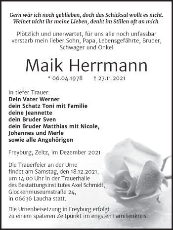 Traueranzeige von Maik Herrmann von Wochenspiegel Naumburg/Nebra