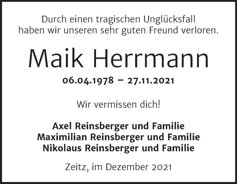  Traueranzeige für Maik Herrmann vom 11.12.2021 aus Super Sonntag Naumburg/Nebra