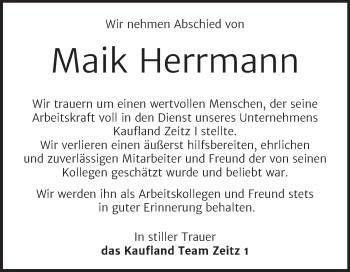 Traueranzeige von Maik Herrmann von Mitteldeutsche Zeitung Zeitz