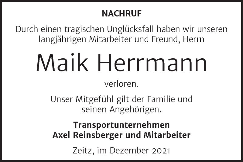  Traueranzeige für Maik Herrmann vom 11.12.2021 aus Super Sonntag Naumburg/Nebra