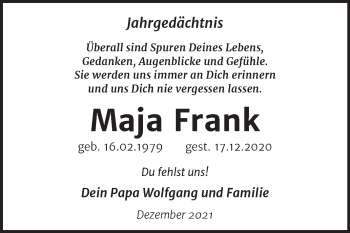 Traueranzeige von Maja Frank von Trauerkombi Wittenberg